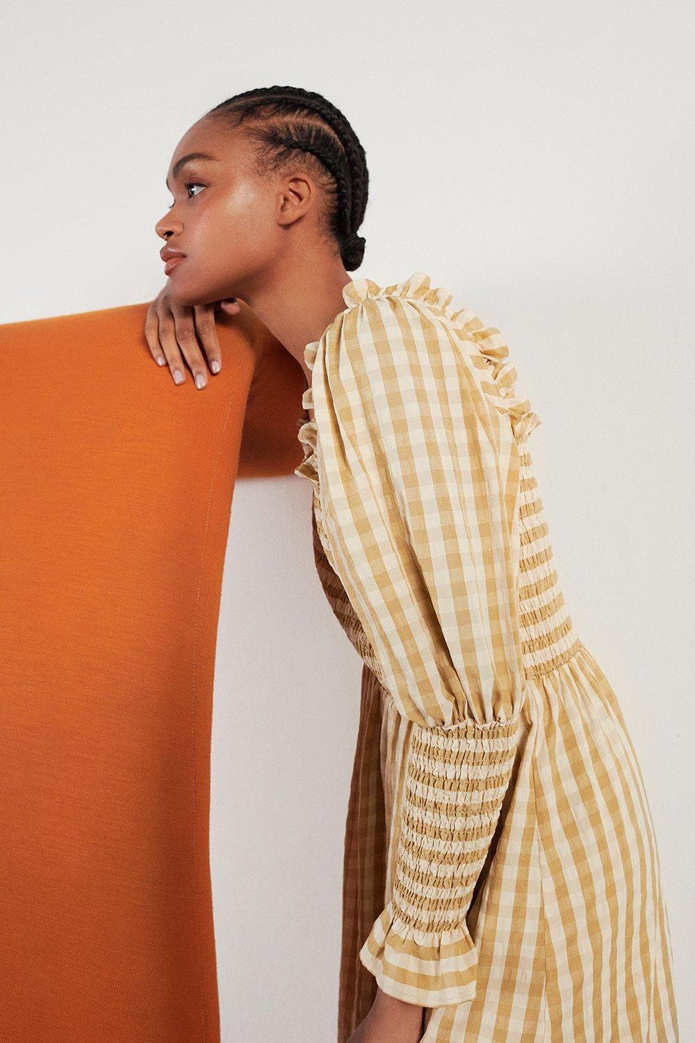Gingham Smocked Puff Sleeve Midi Dress | Warehouse