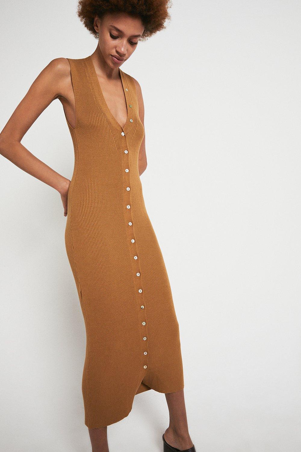 Ribbed Sleeveless Button Dress | Warehouse