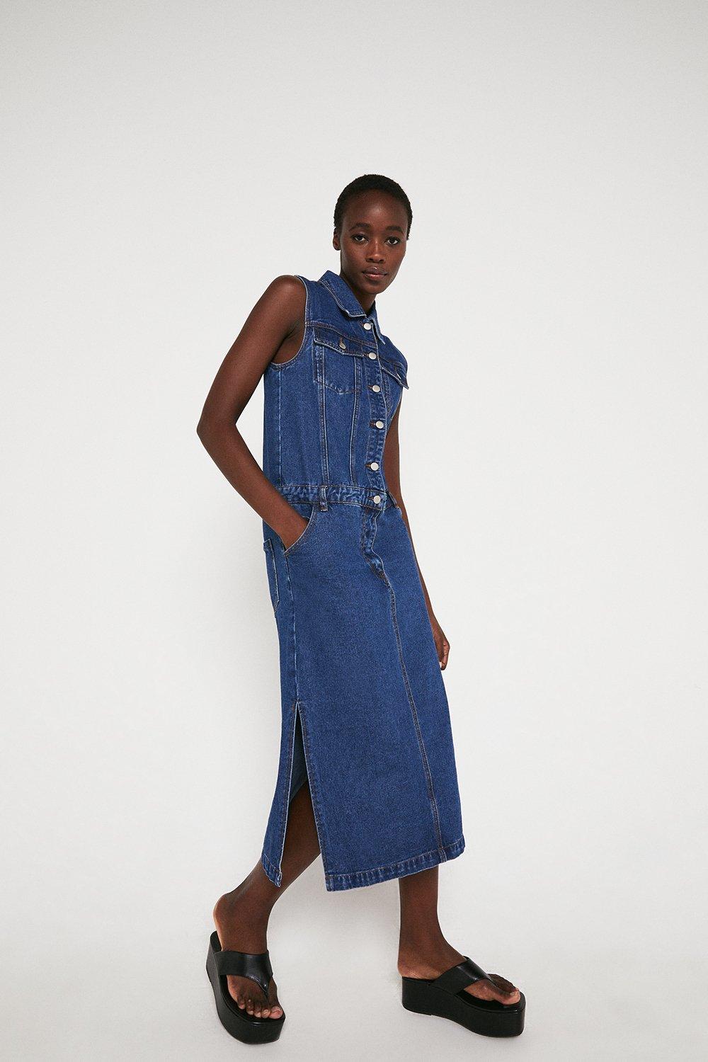 Denim Sleeveless Loose Fit Midi Dress | Warehouse