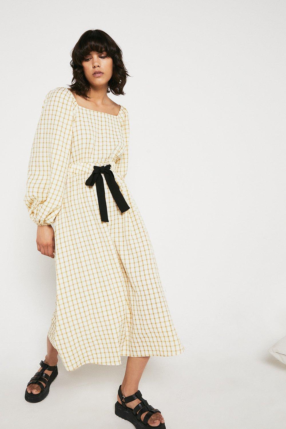 warehouse check midi shirt dress