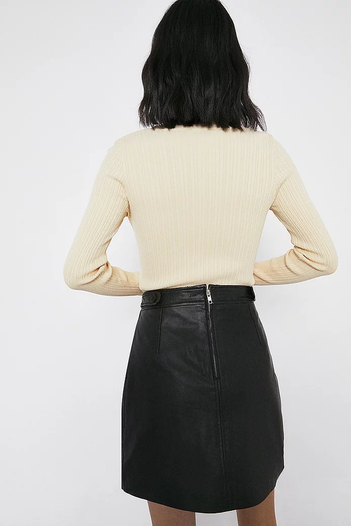 Pocket Detail Real Leather Pelmet Skirt