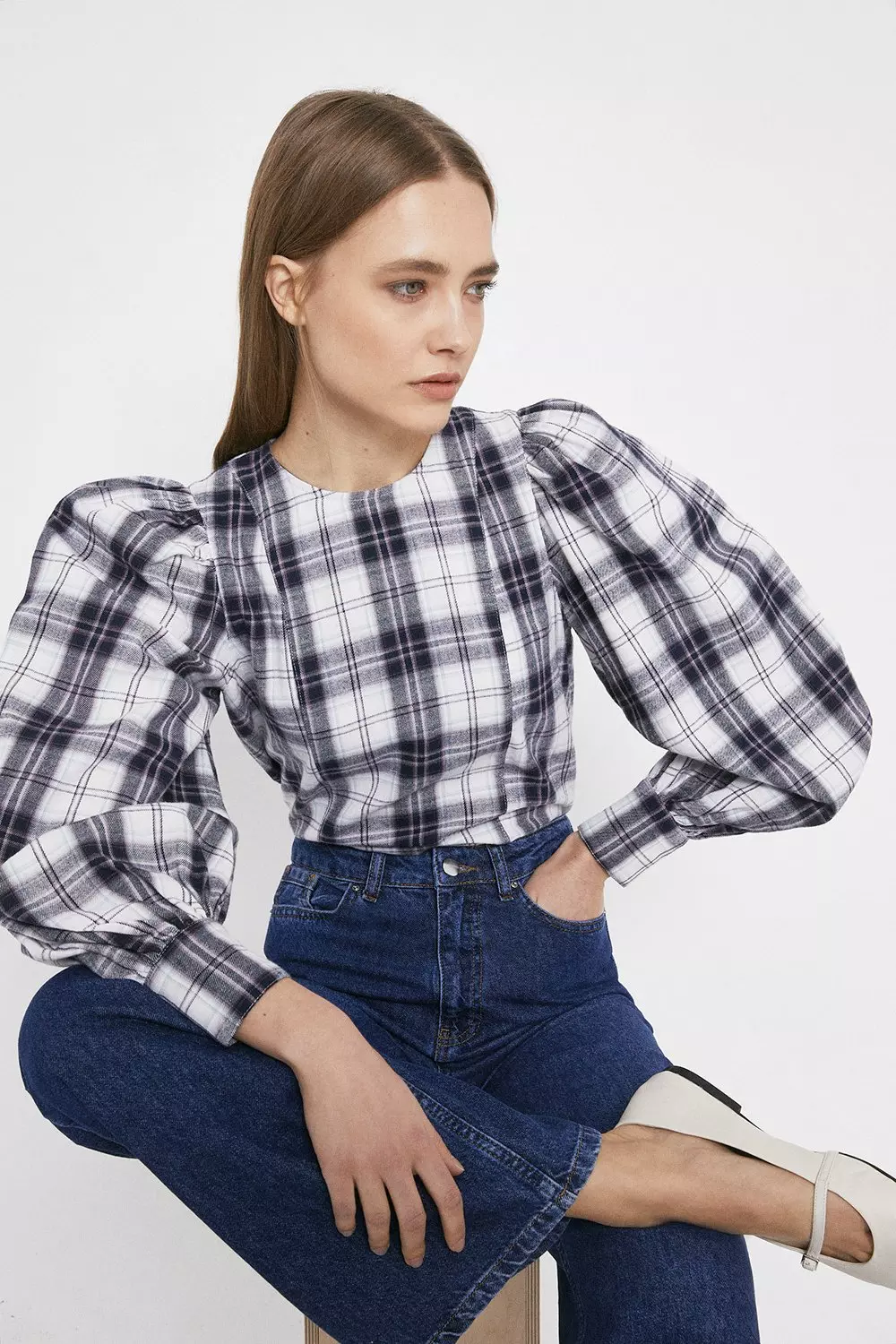 Checked Volume Sleeve Top