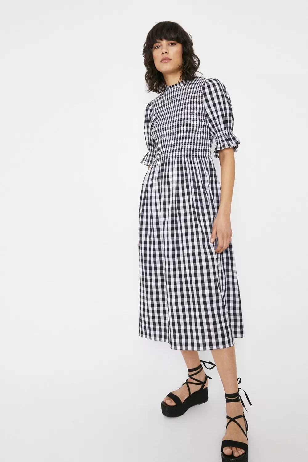 Gingham Smocked Puff Sleeve Midi Dress | Warehouse