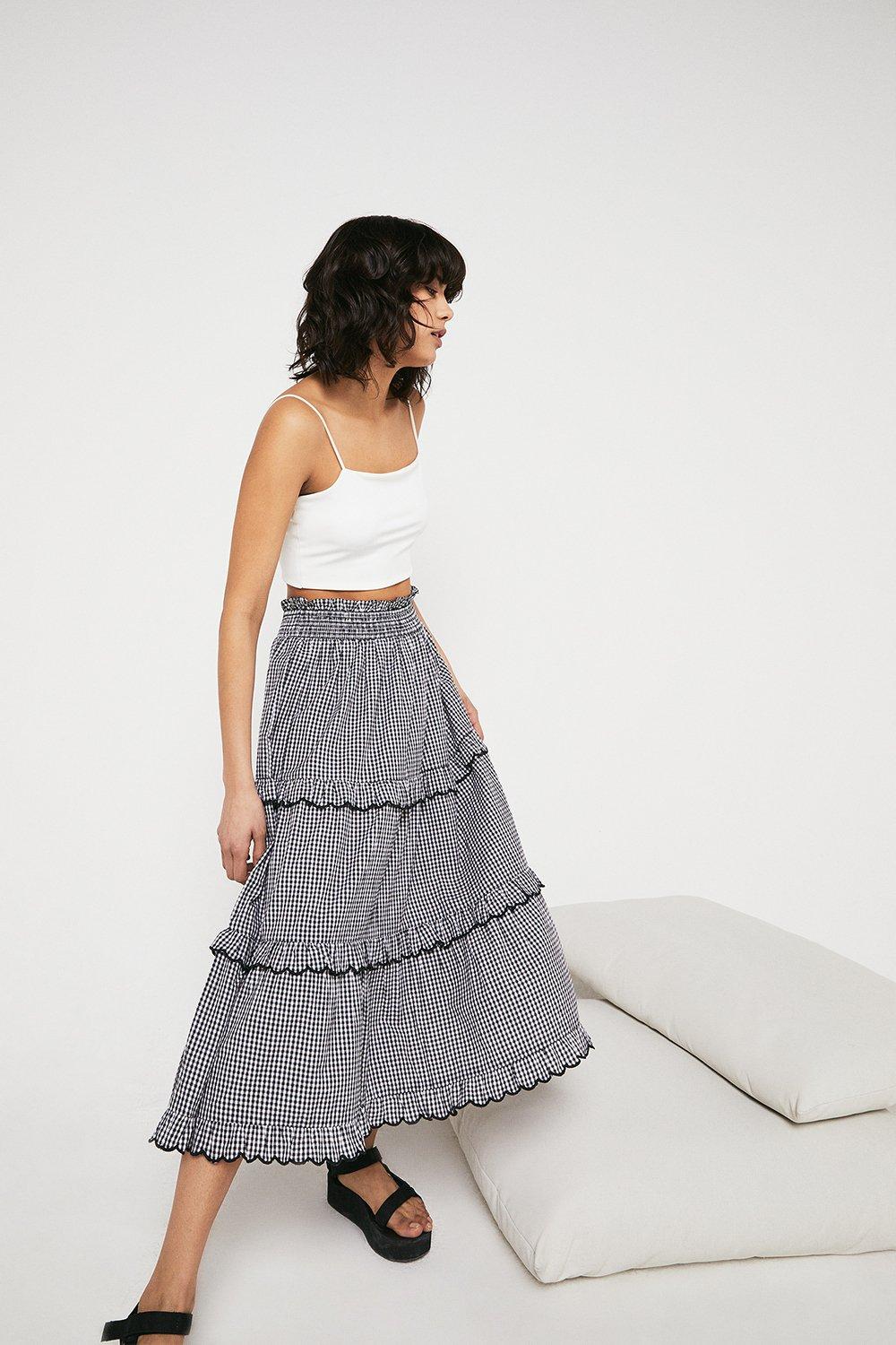 Gingham Scallop Frill Tiered Midi Skirt | Warehouse