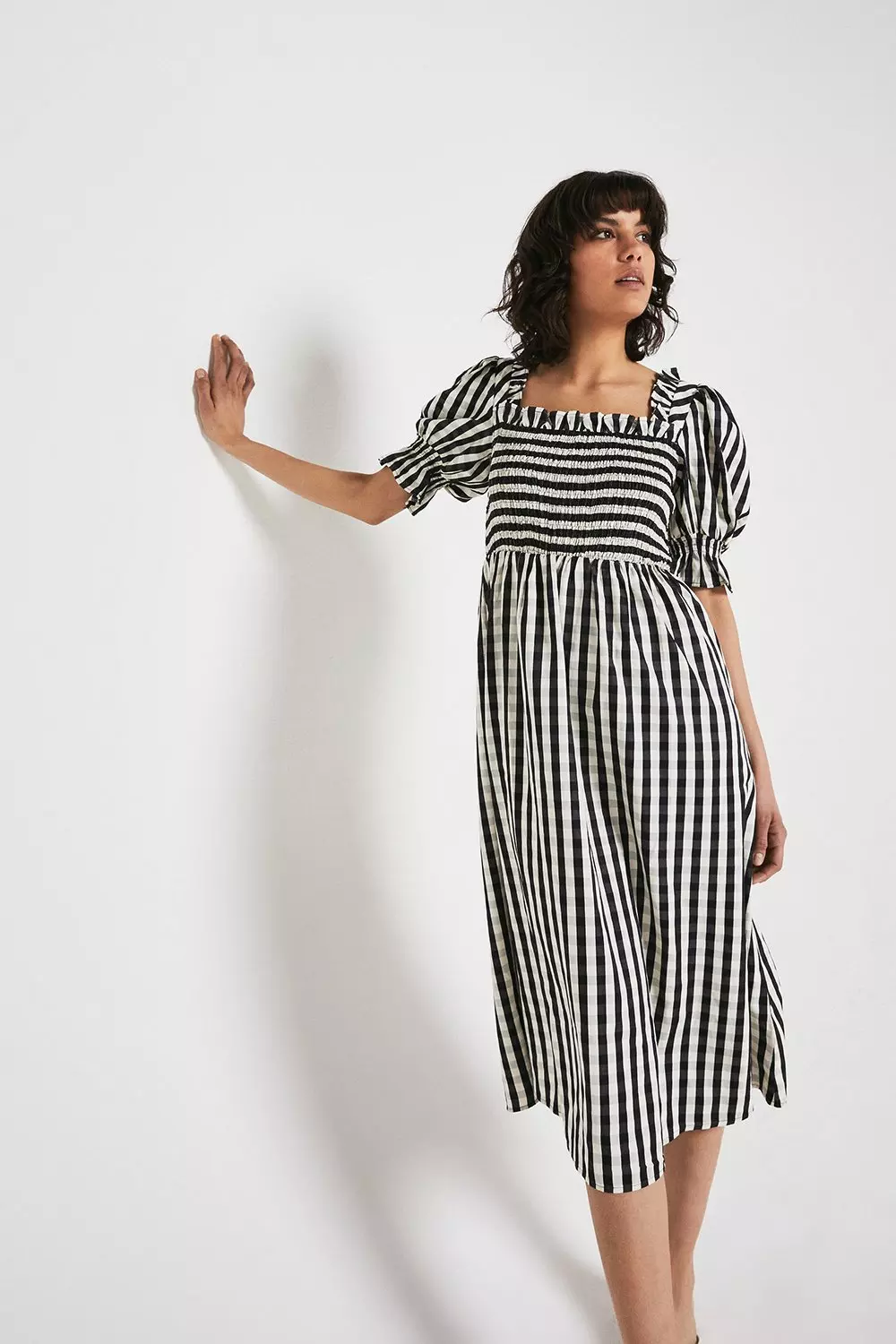 Gingham Square Neck Puff Sleeve Midi Dress | Warehouse