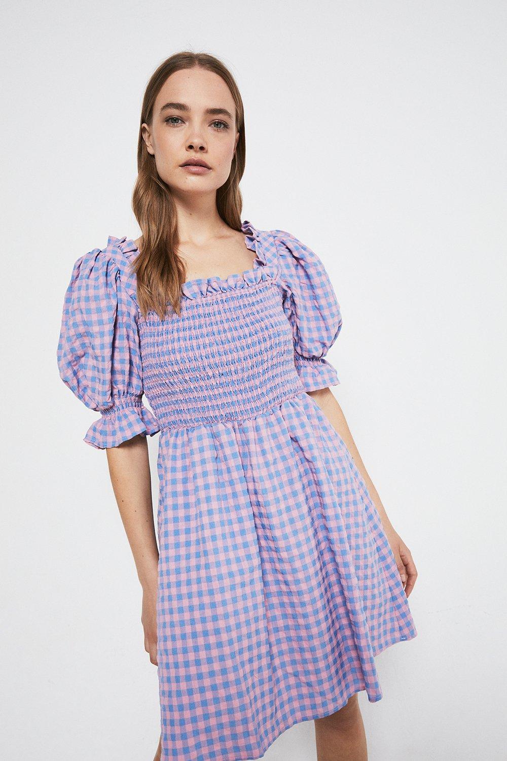 Gingham Square Neck Puff Sleeve Mini Dress | Warehouse