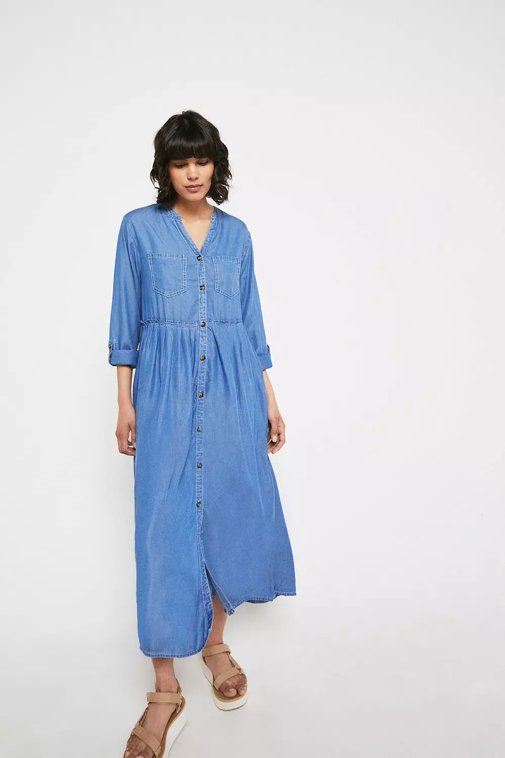 Denim Look Tencel Collarless Midi Dress | Warehouse