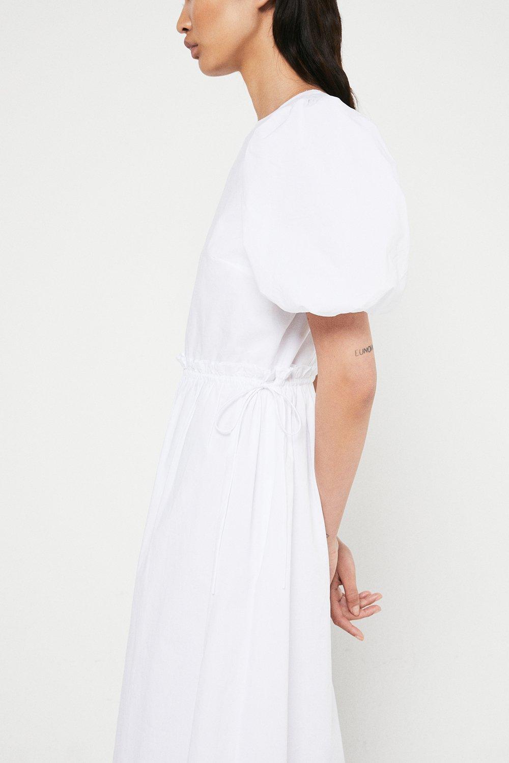 poplin puff sleeve midi dress