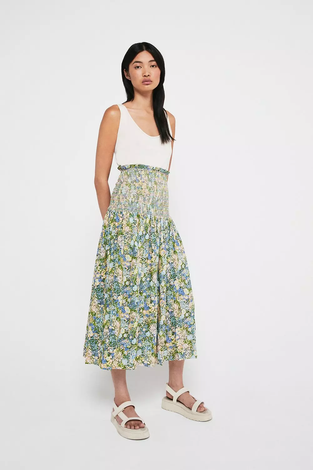 Floral Smocked Waist Midi Skirt | Warehouse
