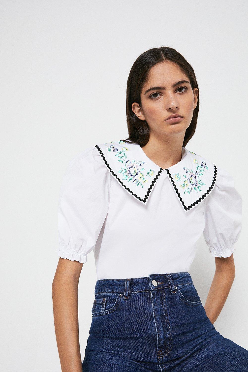 Short Sleeve Top With Embroidered Collar | Warehouse