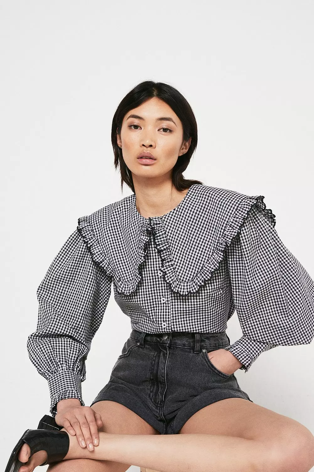 Gingham Frill Oversized Collar Shirt