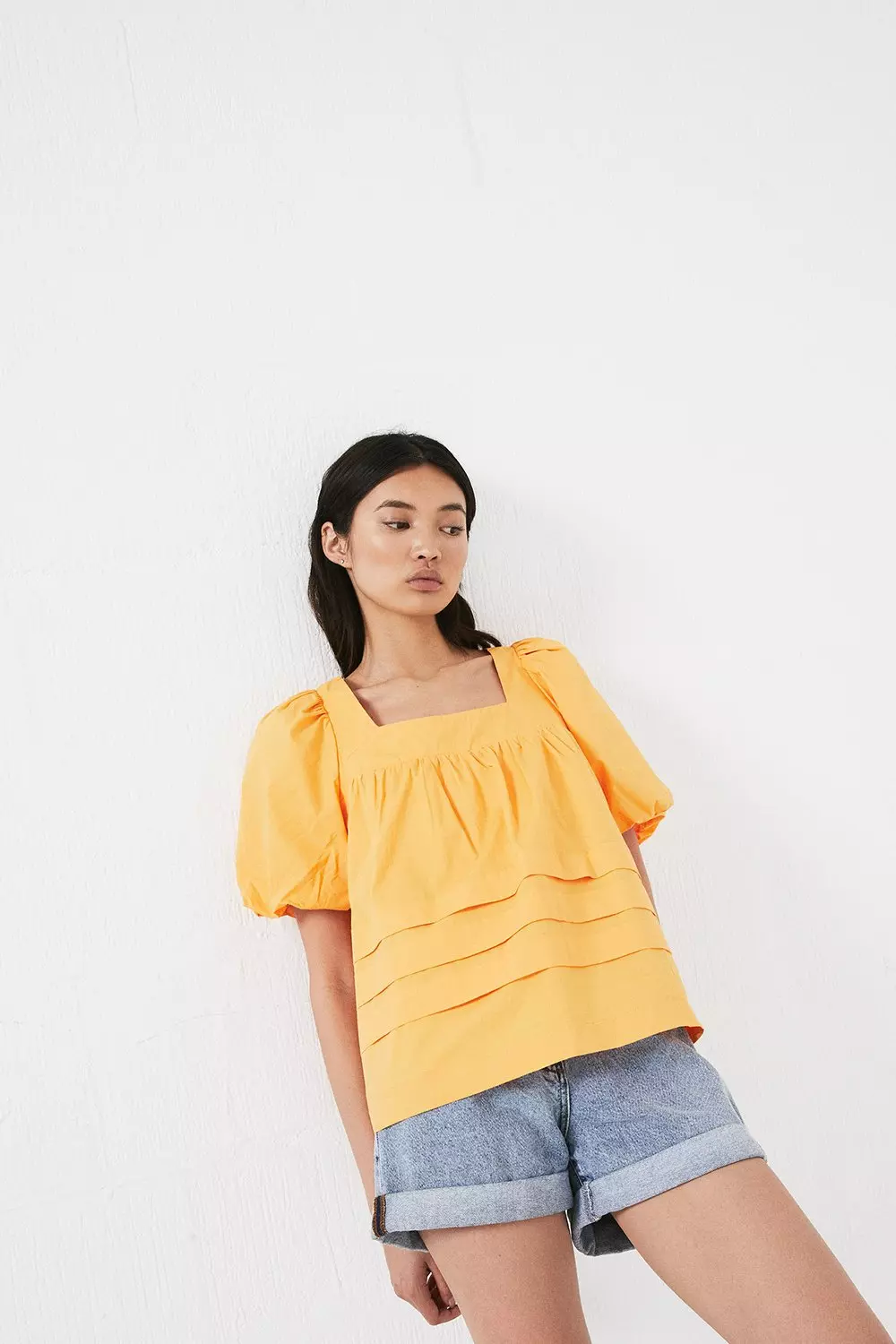 Puff Sleeve Top With Box Pleats