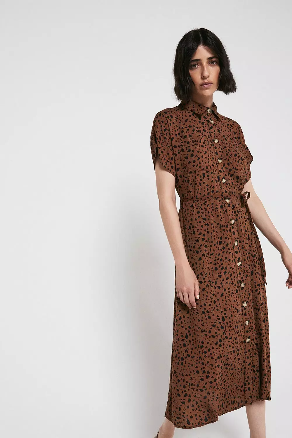 Warehouse leopard print 2025 midi shirt dress