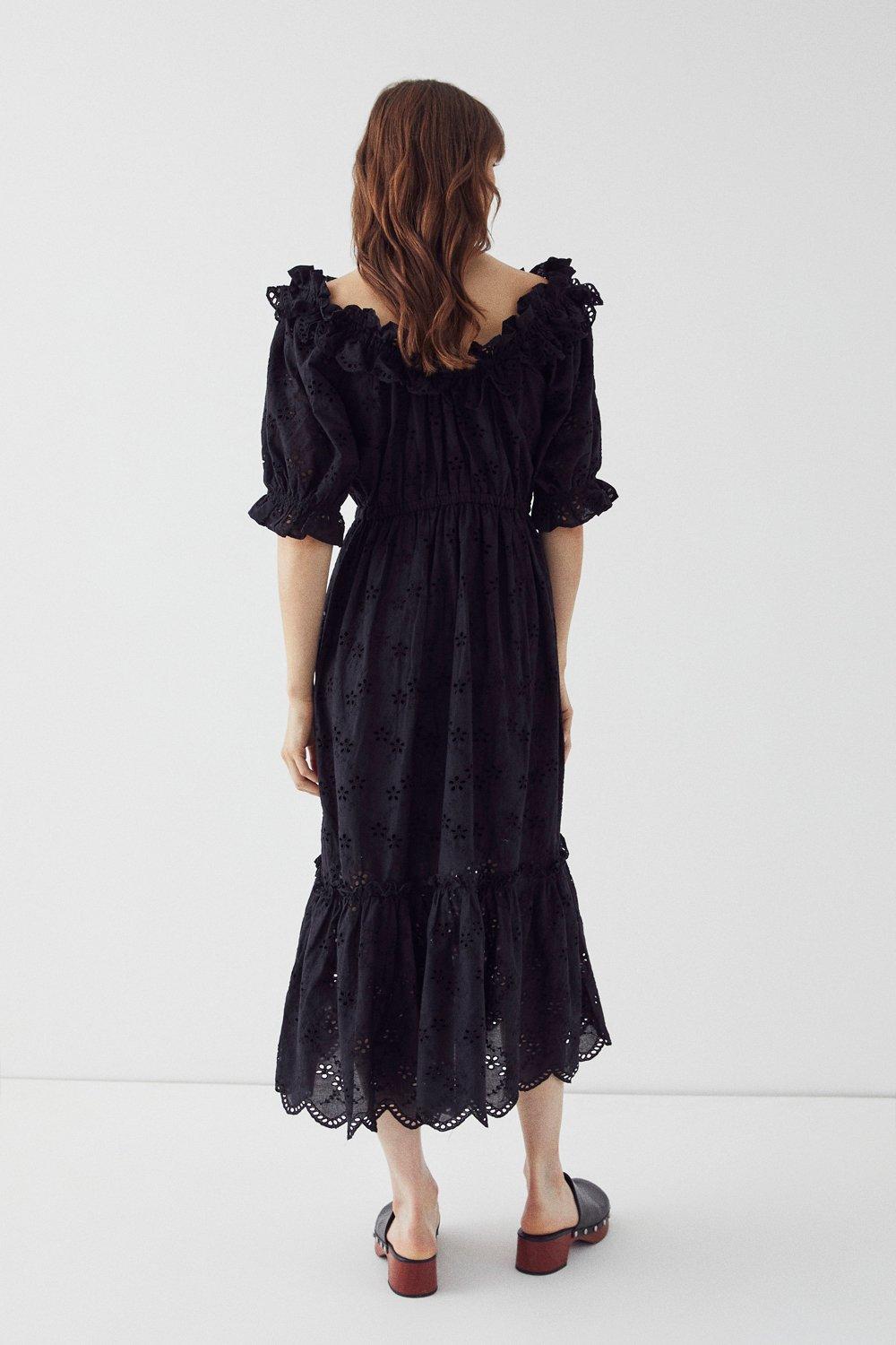 black broderie puff sleeve midi dress