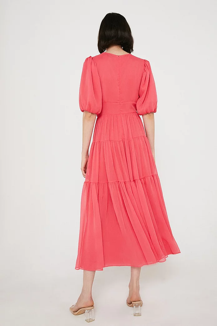 Pink Puff Sleeve Gather Tier Dress | Warehouse