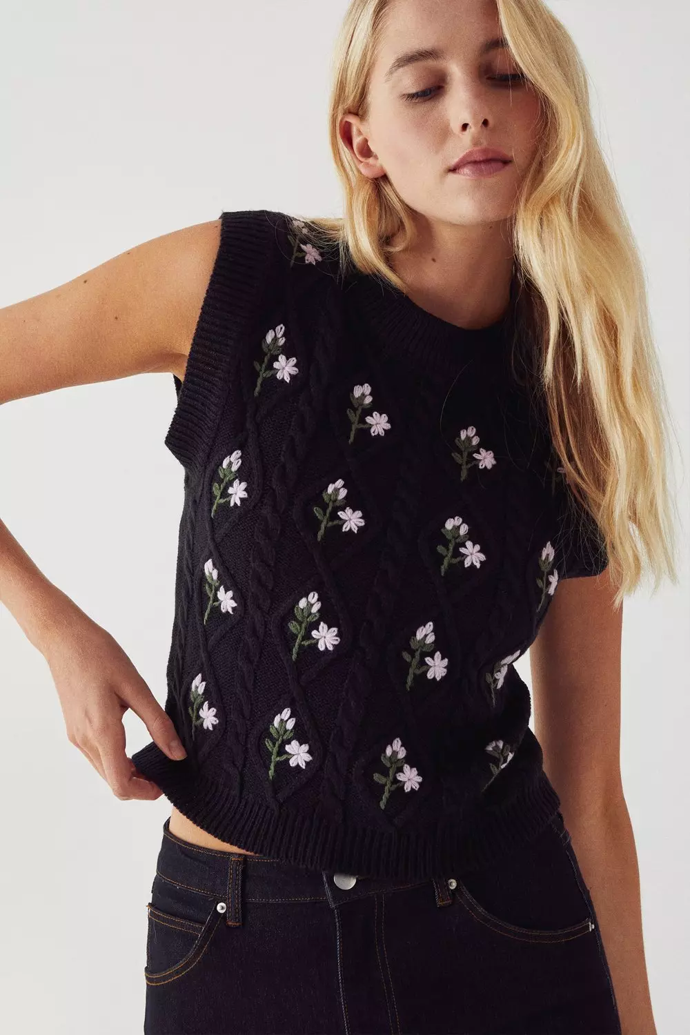 Floral Embroidered Black Tank Top