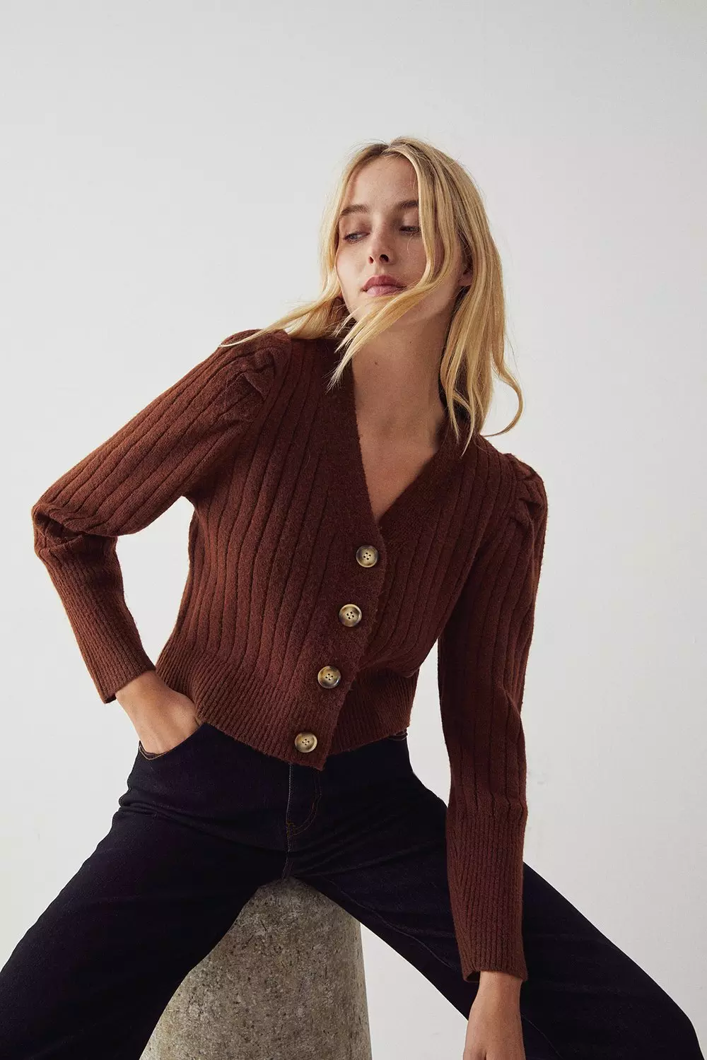 Wide Rib Puff Sleeve Knit Cardigan