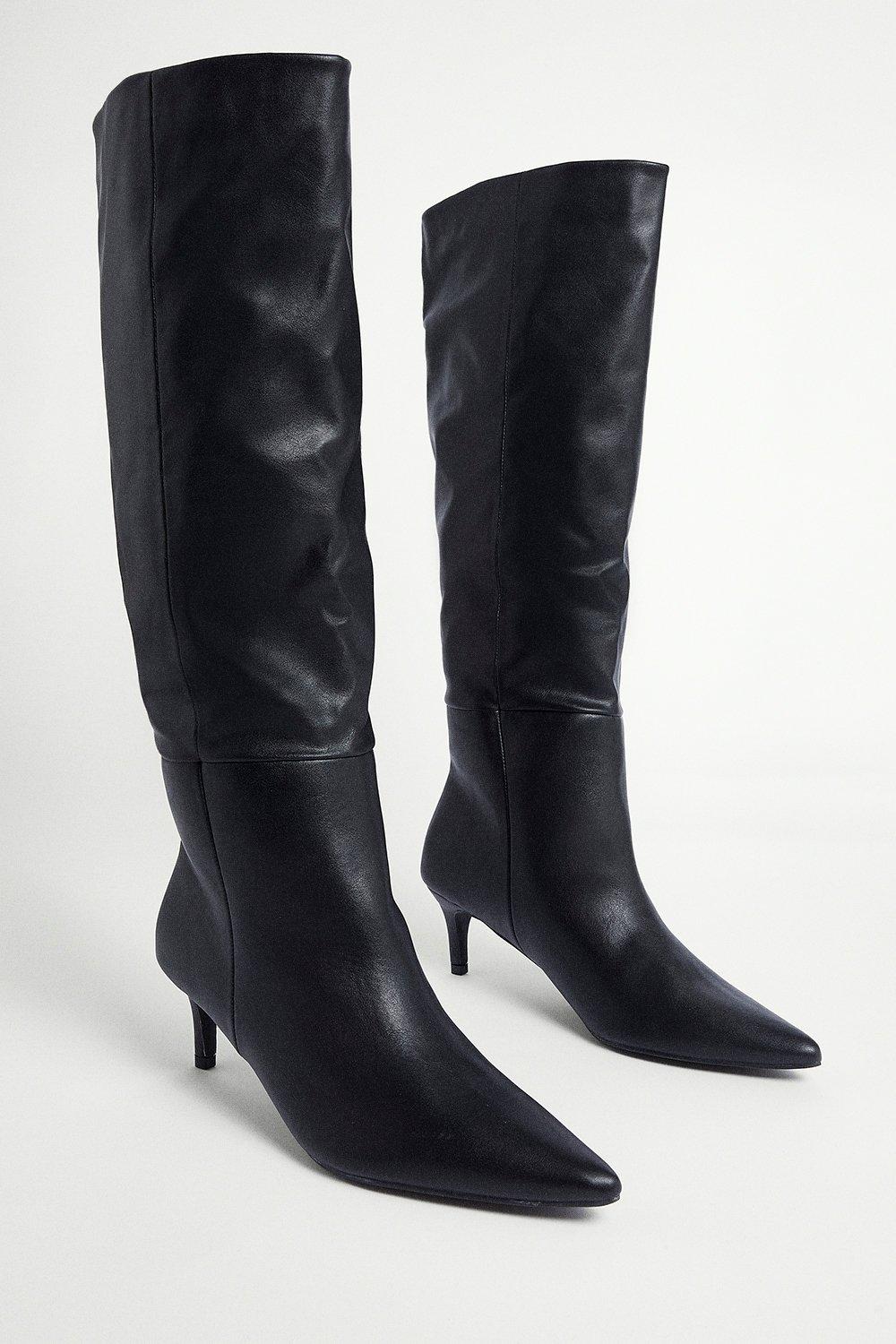 Faux Leather Kitten Heel Knee High Boots