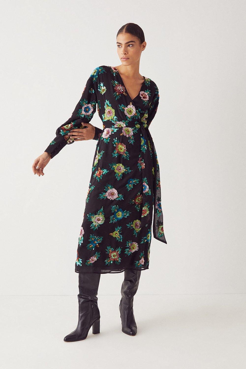 Sequin Wrap Midi Dress | Warehouse