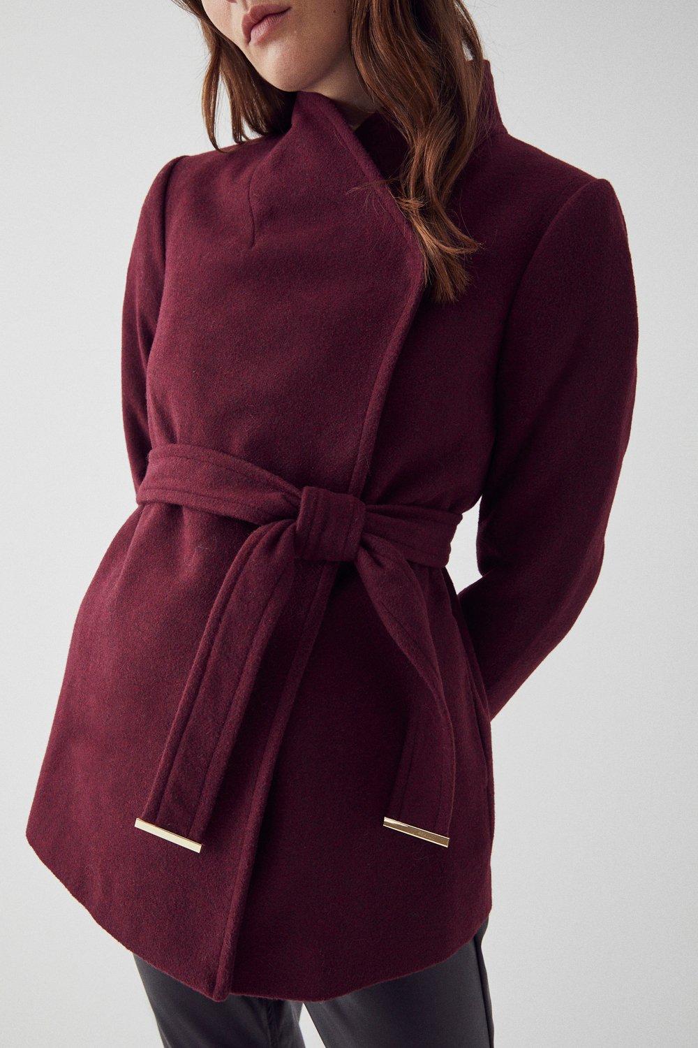 Wool Mix Short Belted Funnel Neck Wrap Coat | Warehouse
