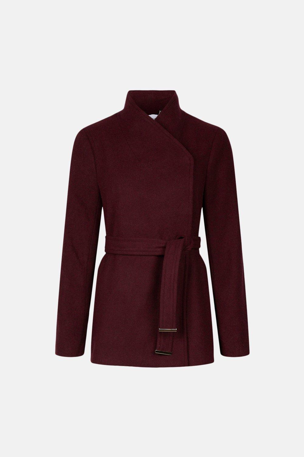 belted funnel neck coat