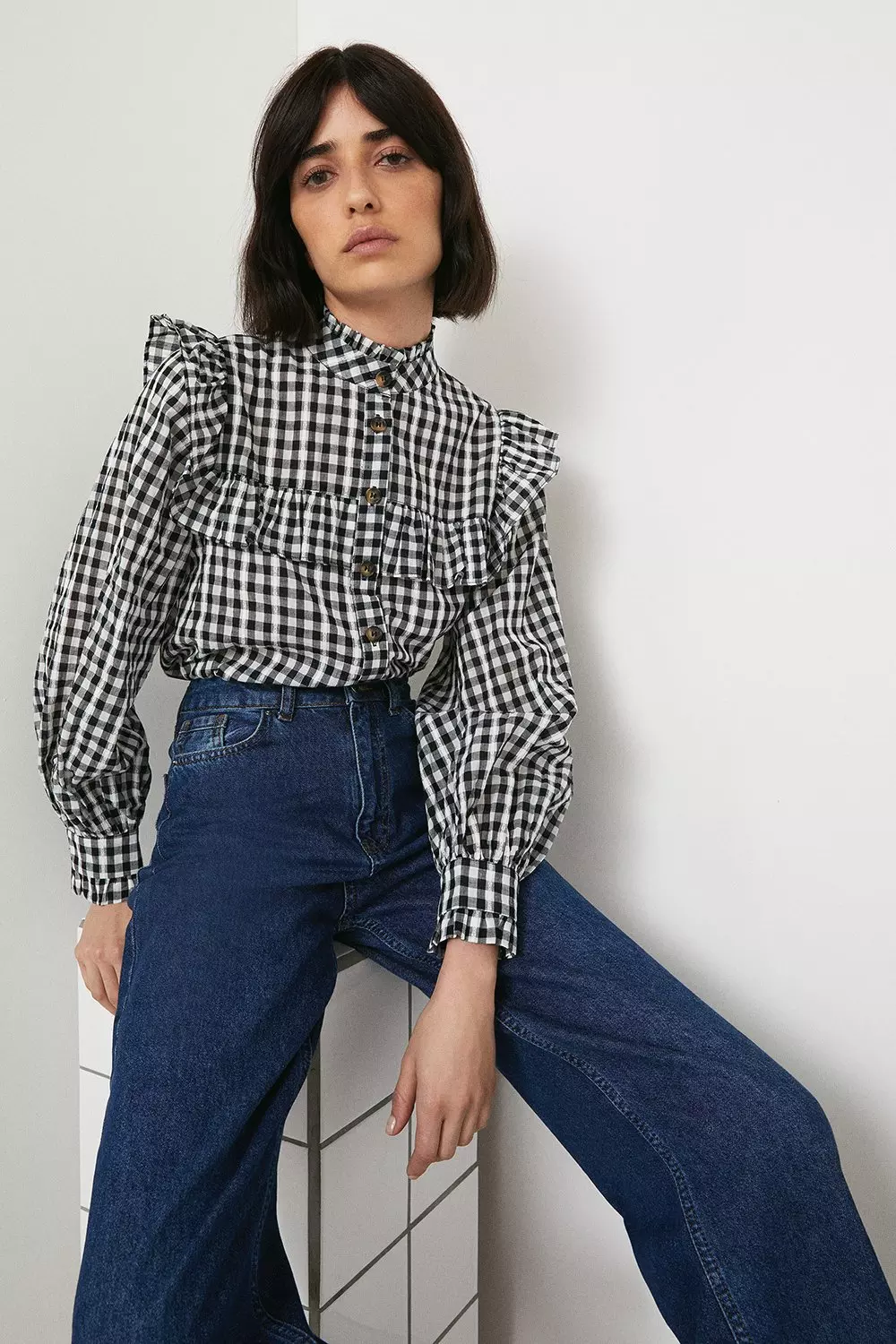 Check Frill Yoke Button Front Blouse | Warehouse