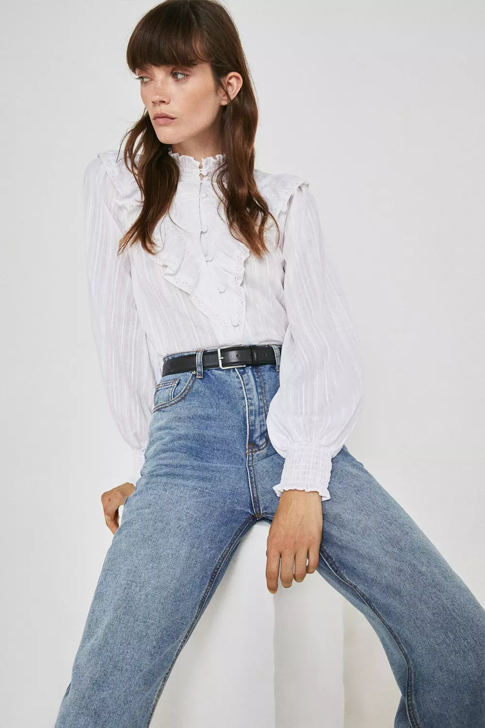 High Neck Ruffle Dobby Stripe Blouse | Warehouse