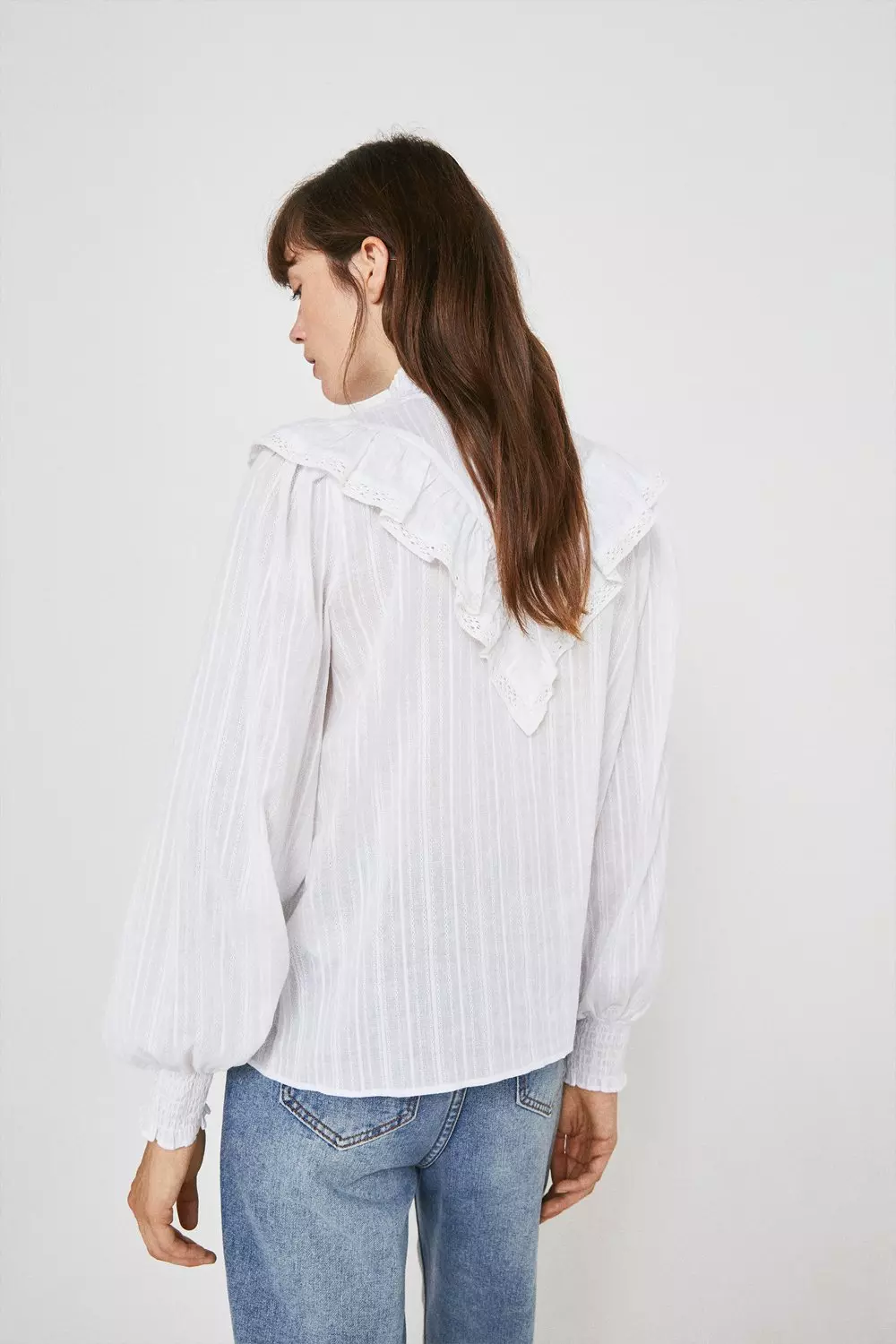 High Neck Ruffle Dobby Stripe Blouse | Warehouse