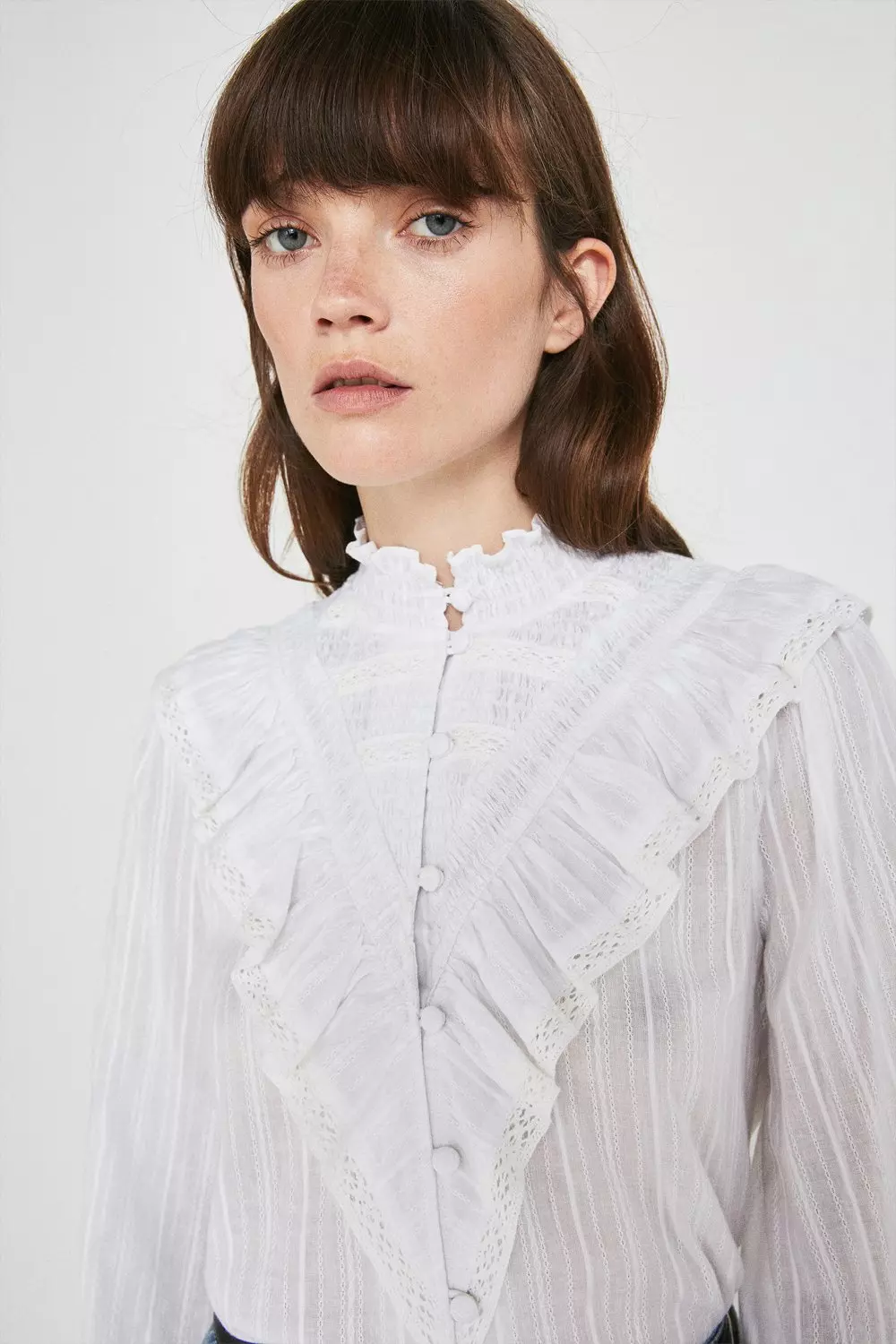 High Neck Ruffle Dobby Stripe Blouse | Warehouse