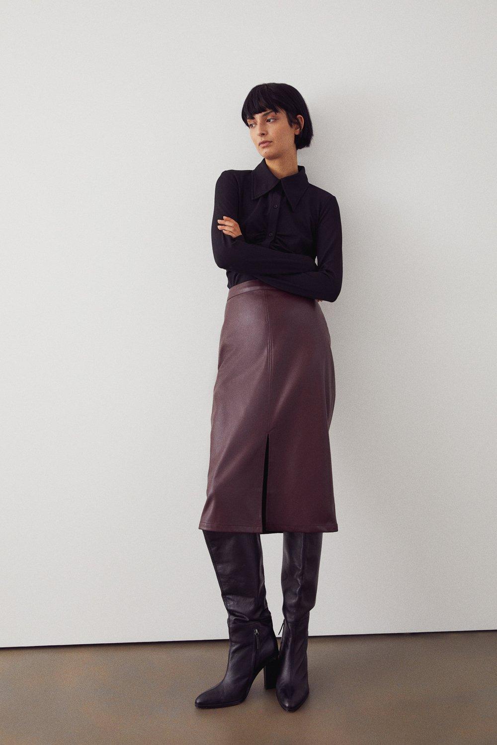 Faux leather pencil skirt front clearance split