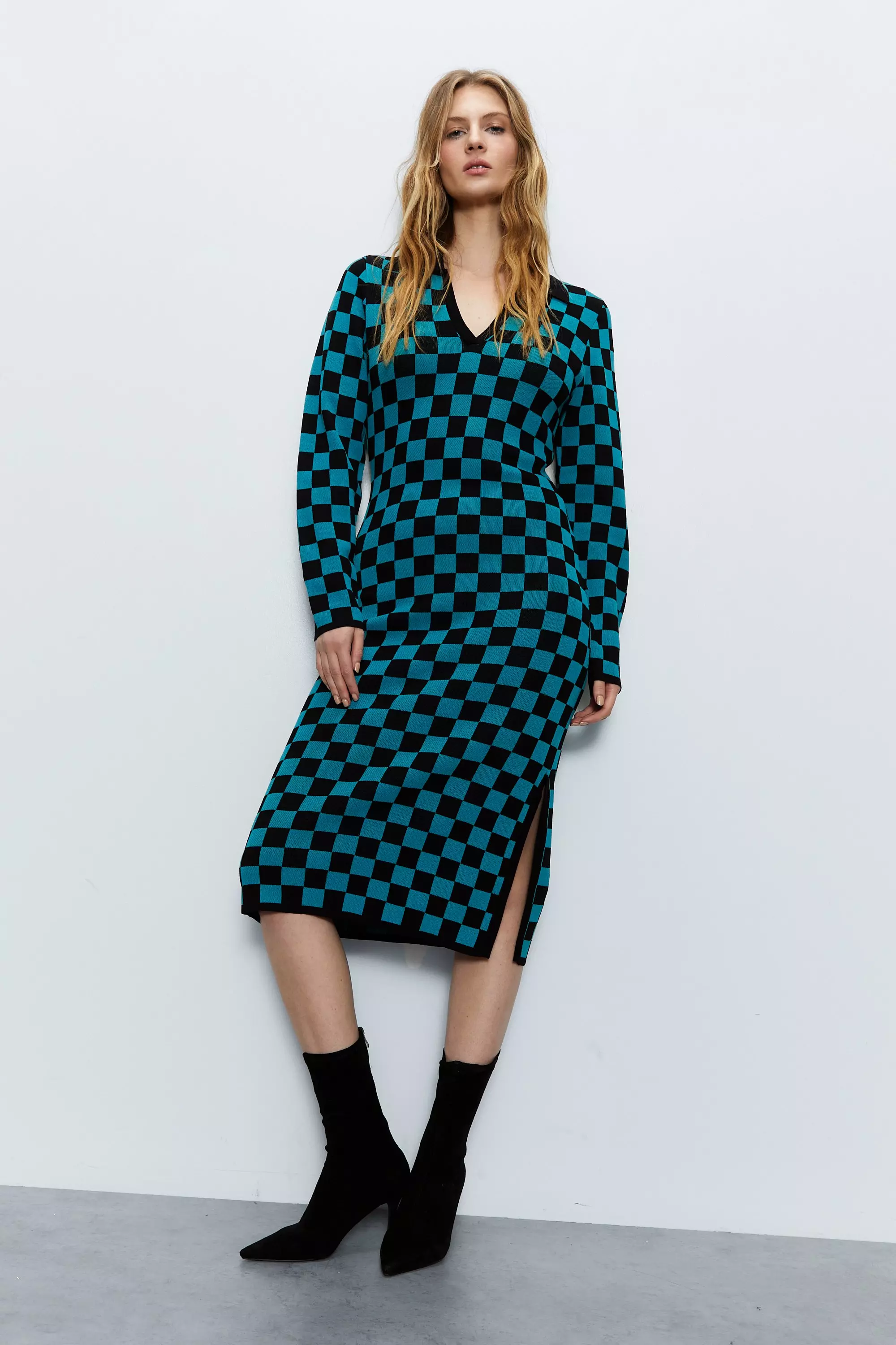 Checkerboard Jacquard Polo Knit Dress