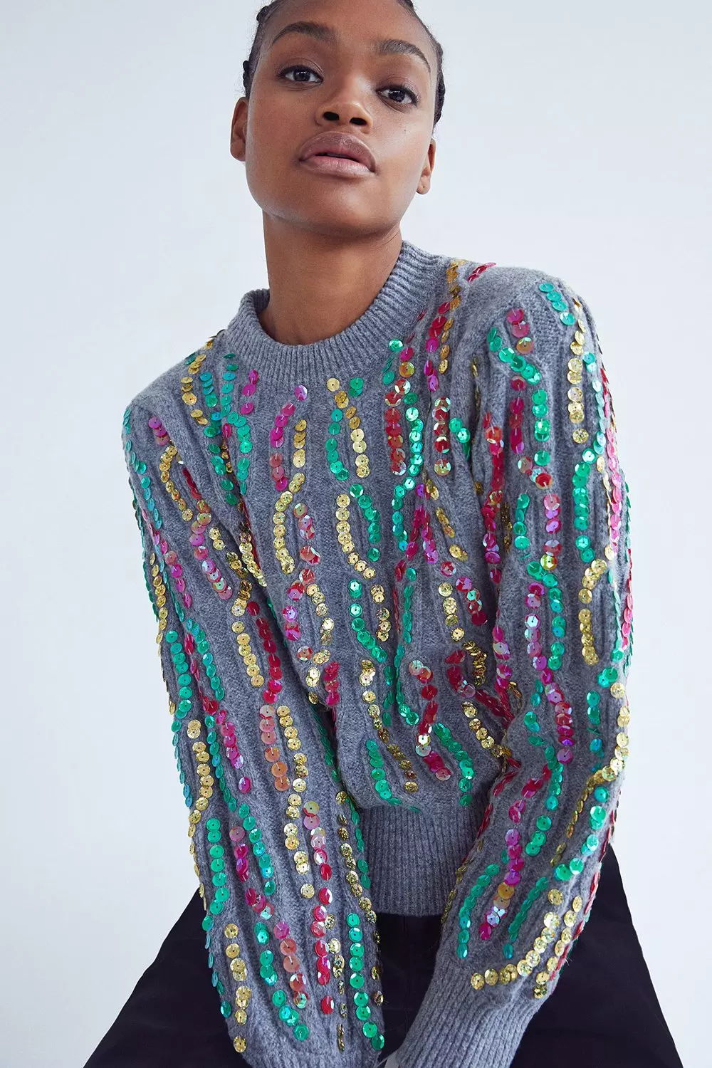 Recycled Mixed Sequin Cable Knit Jumper | Warehouse