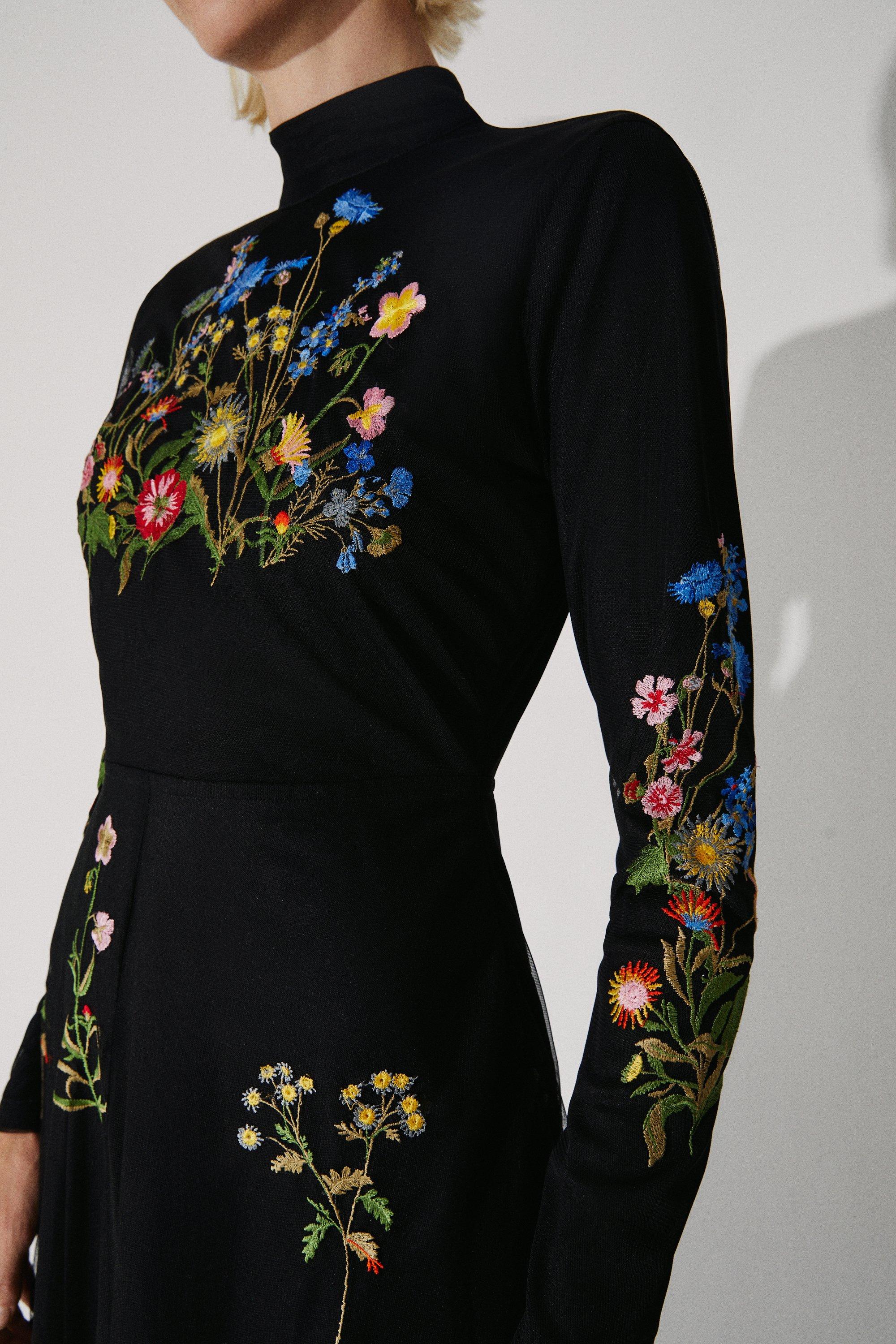 warehouse embroidered midi dress