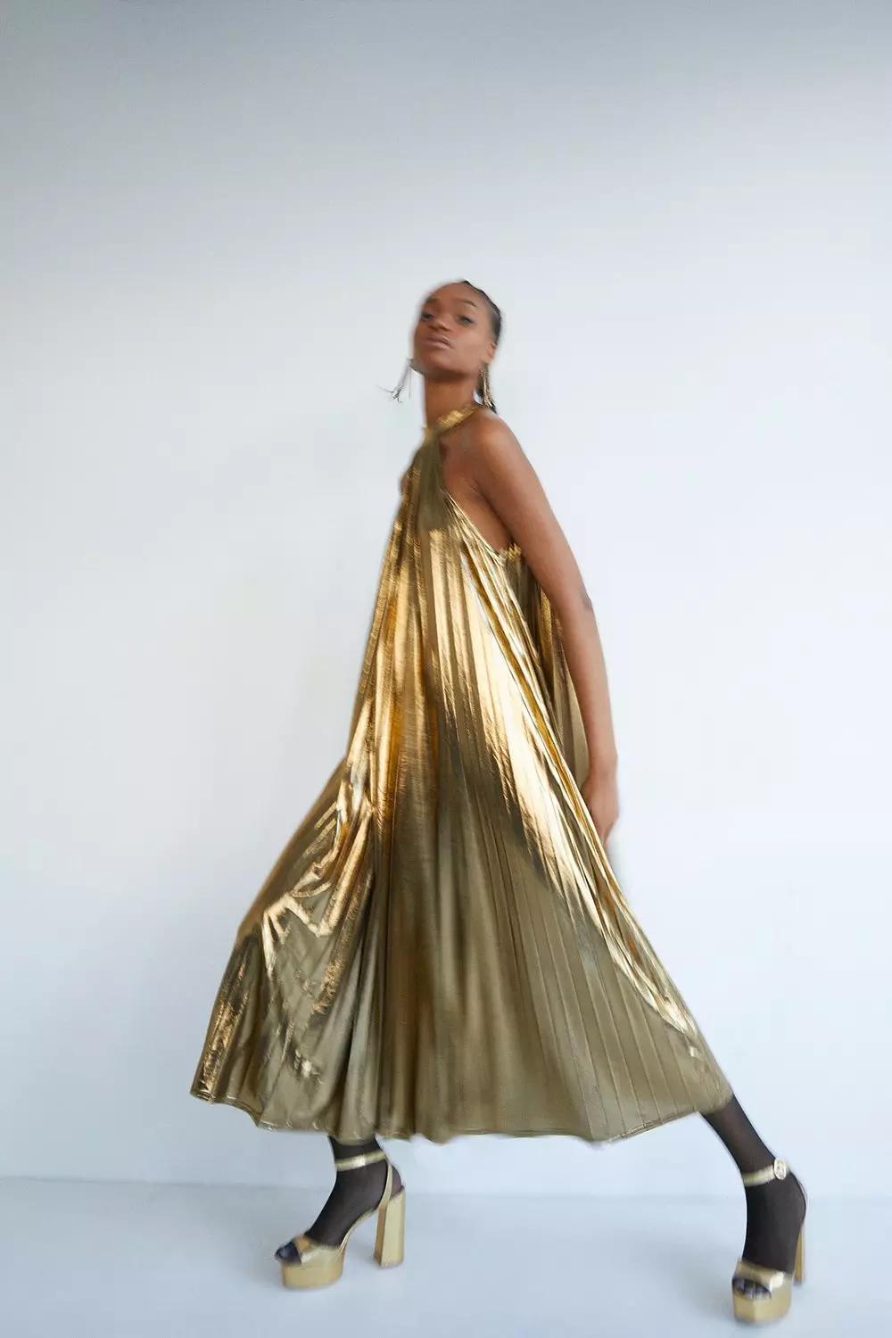 Metallic Lame Pleated Halter Dress | Warehouse