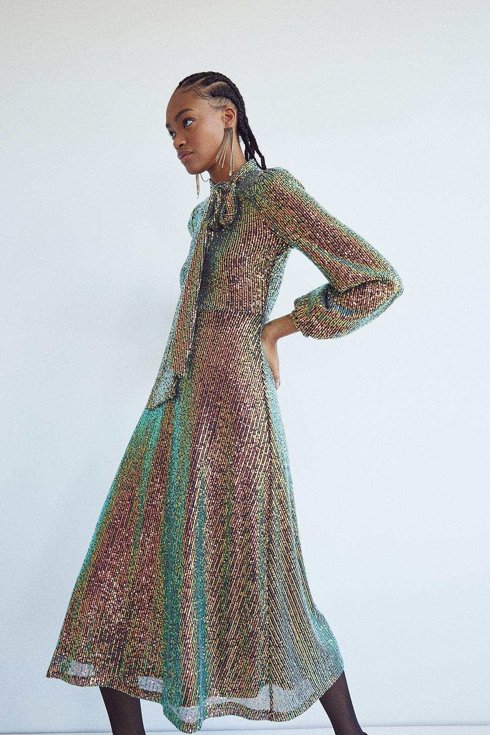 Sequin Pussy Bow Midaxi Dress | Warehouse