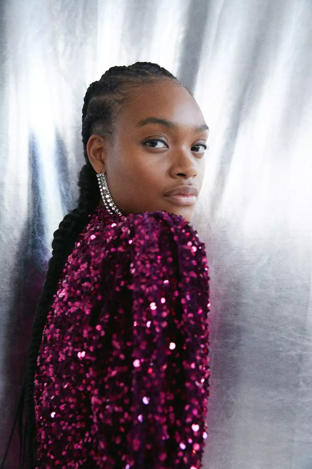 Velvet Sequin Funnel Neck Puff Sleeve Top | Warehouse