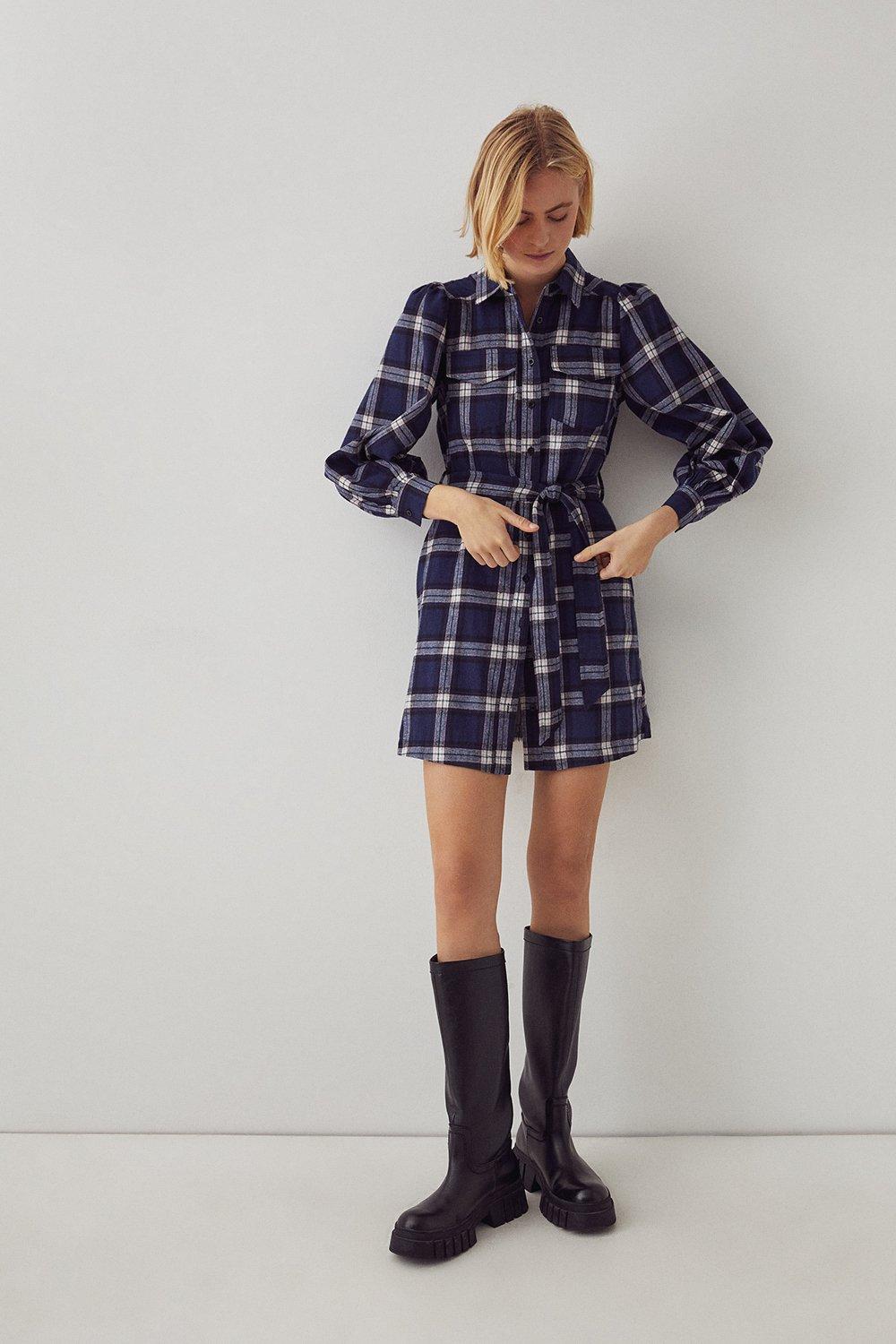 check belted shirt dress