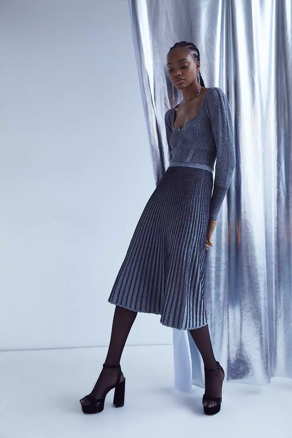 Metallic Knit Dress With Pleated Skirt | Warehouse