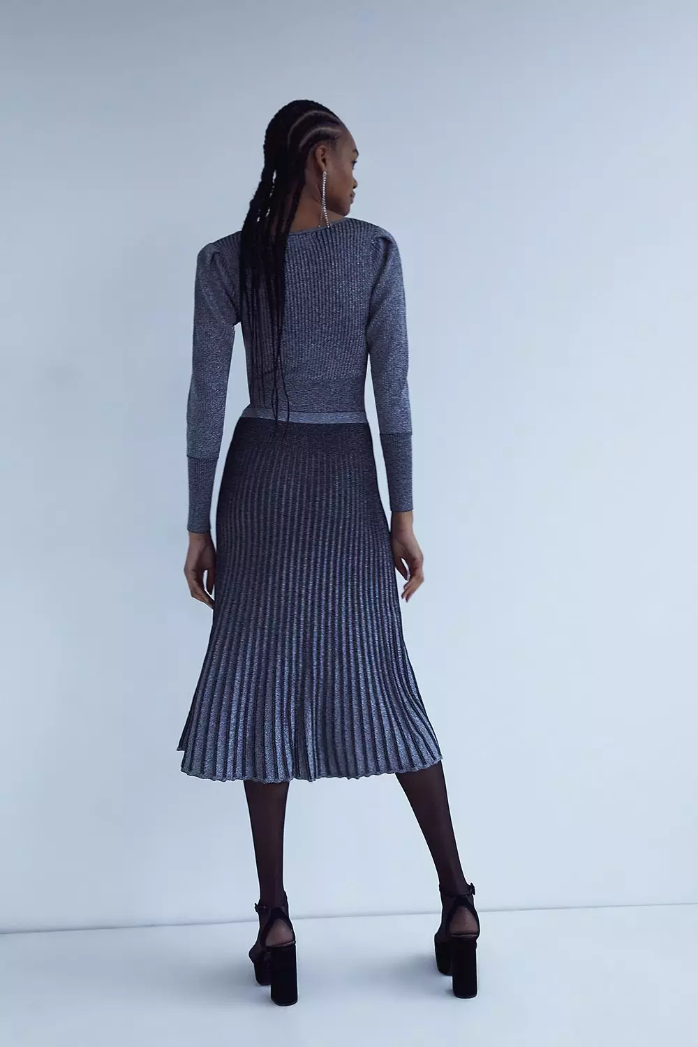 Metallic Knit Dress With Pleated Skirt | Warehouse