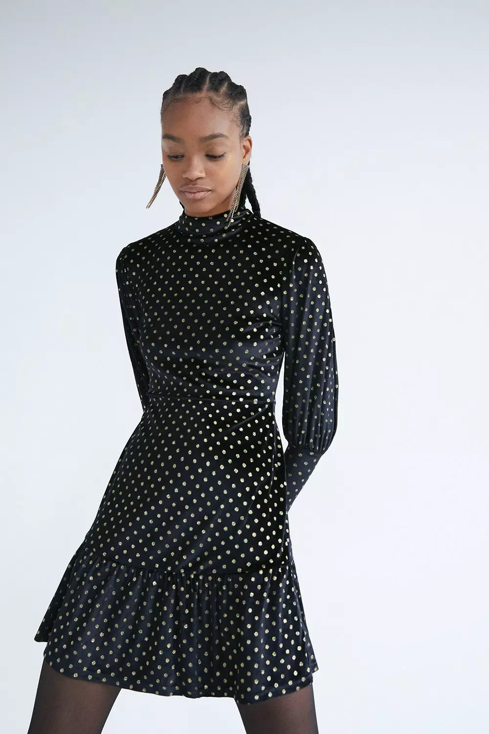 Velvet Metallic Spot Funnel Neck Dress | Warehouse