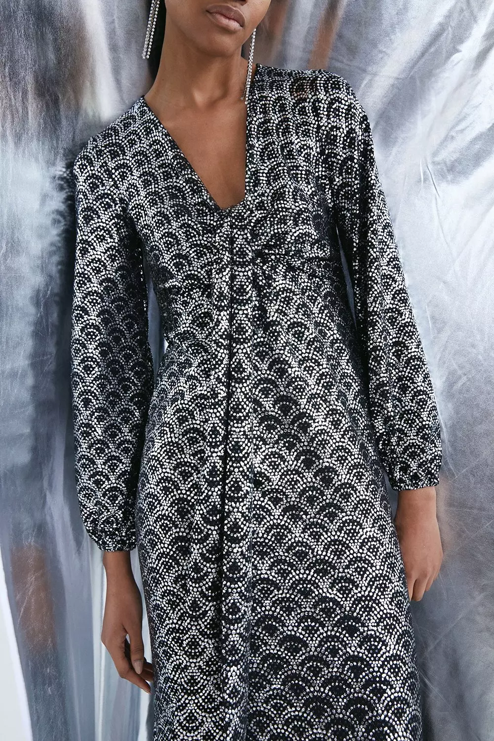 Art Deco Glitter Tie Maxi Dress | Warehouse