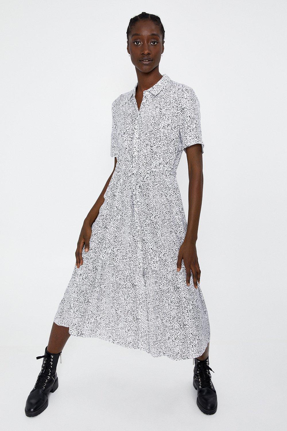 warehouse feather print midi shirt dress