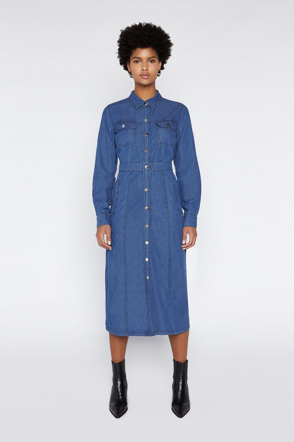 warehouse denim button midi dress