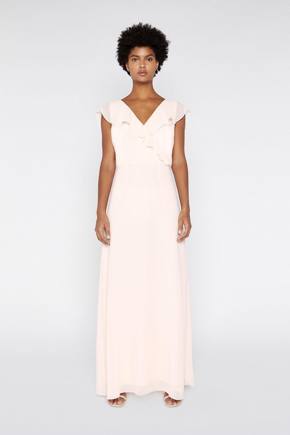 chiffon frill wrap maxi bridesmaid dress