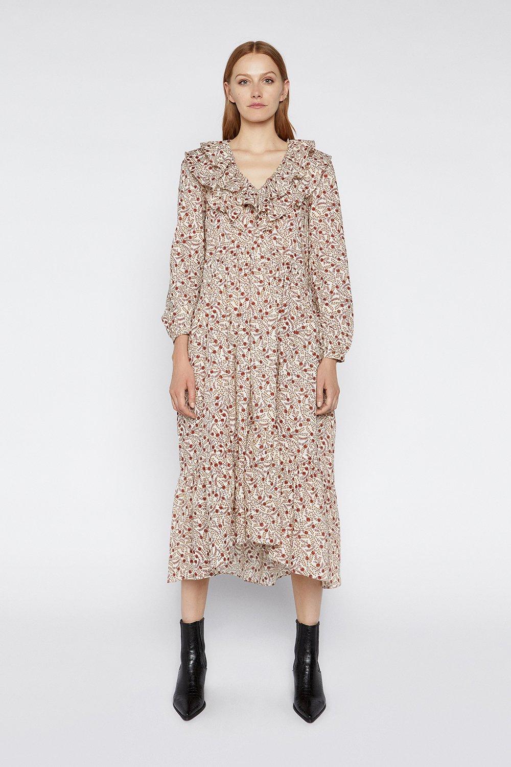 Floral Swirl Ruffle Midi Dress | Warehouse