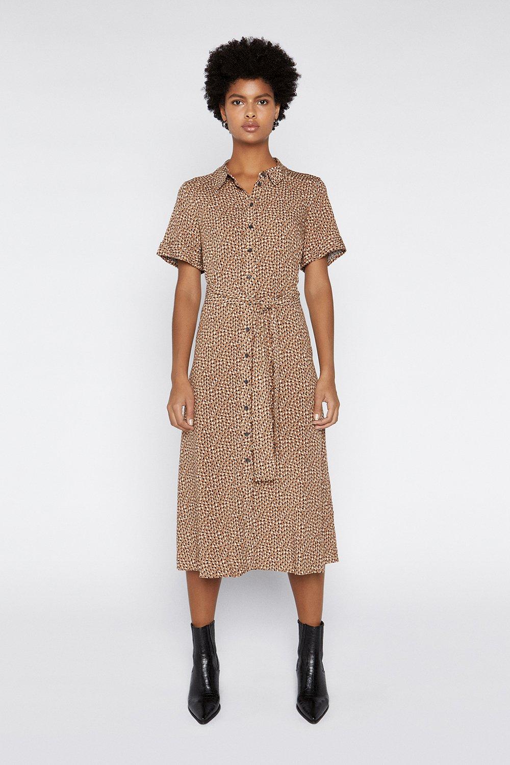 warehouse feather print midi shirt dress