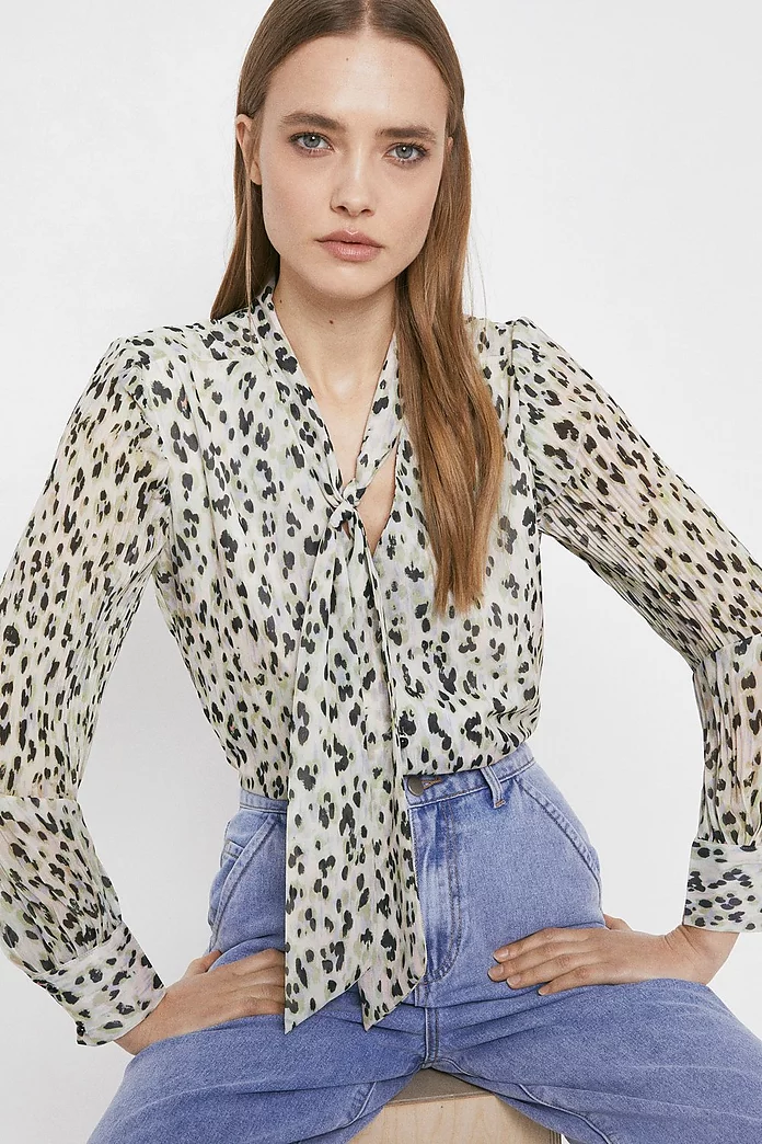 Tie Neck Blouse In Coloured Animal | Warehouse