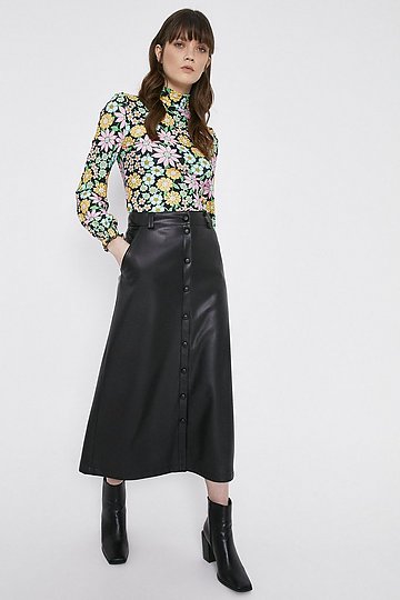 Faux Leather Popper front Midi Skirt | Warehouse