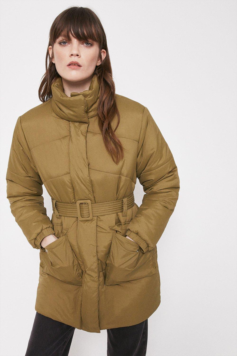 warehouse long belted padded coat