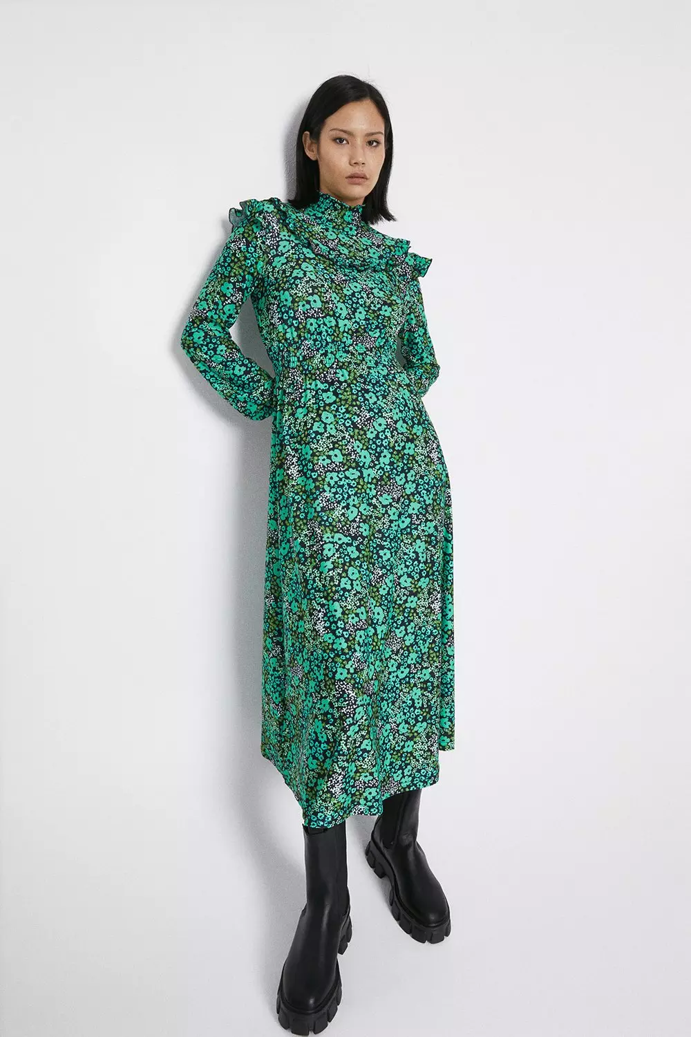 Frill Yoke High Neck Midi Dress | Warehouse